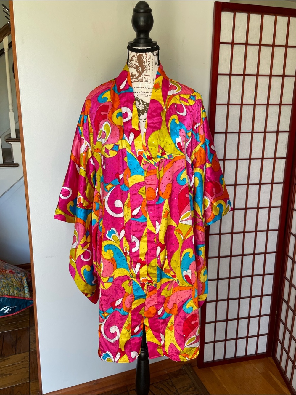 Vibrant Multicolor Satin Kimono Jacket, Size S (see measurements)